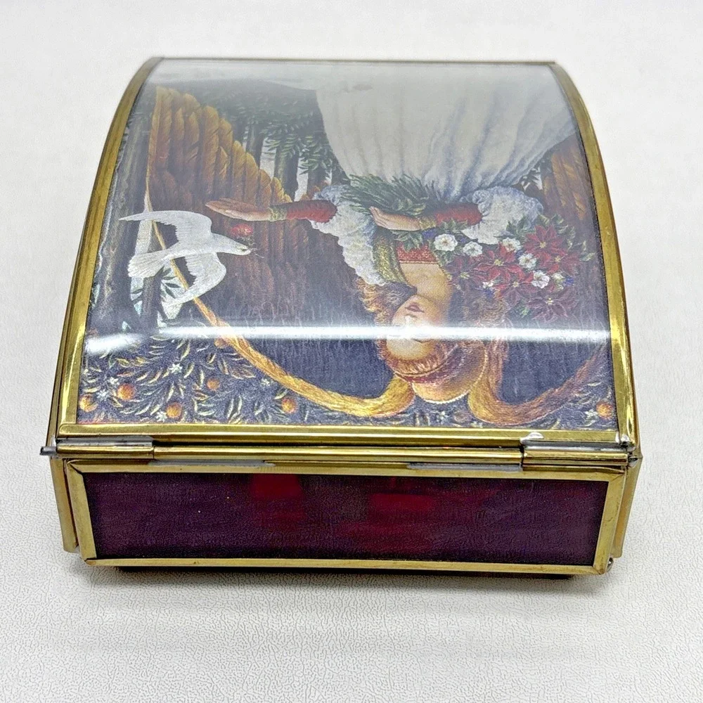 Vintage 90s Angel Glass Jewelry Music Box Ave Maria Enesco Lynn Bywaters Foil